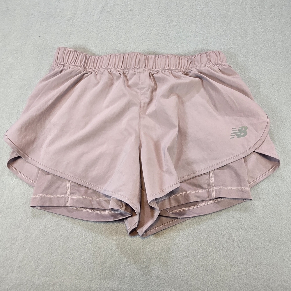 New Balance 2-in-1 Running Shorts Womens M Mauve Pink Layered Athletic Tulip Hem